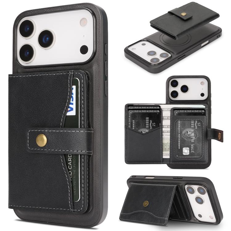 For iPhone 17 Pro Max Kalebol Magnetic Button Card Bag MagSafe Ring Leather Phone Case(Black)