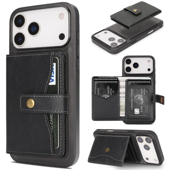 For iPhone 17 Pro Max Kalebol Magnetic Button Card Bag MagSafe Ring Leather Phone Case(Black)