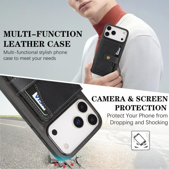 For iPhone 17 Pro Max Kalebol Magnetic Button Card Bag MagSafe Ring Leather Phone Case(Black)