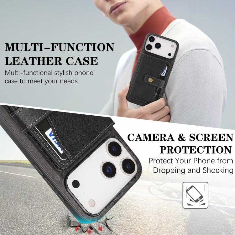 For iPhone 17 Pro Max Kalebol Magnetic Button Card Bag MagSafe Ring Leather Phone Case(Black)