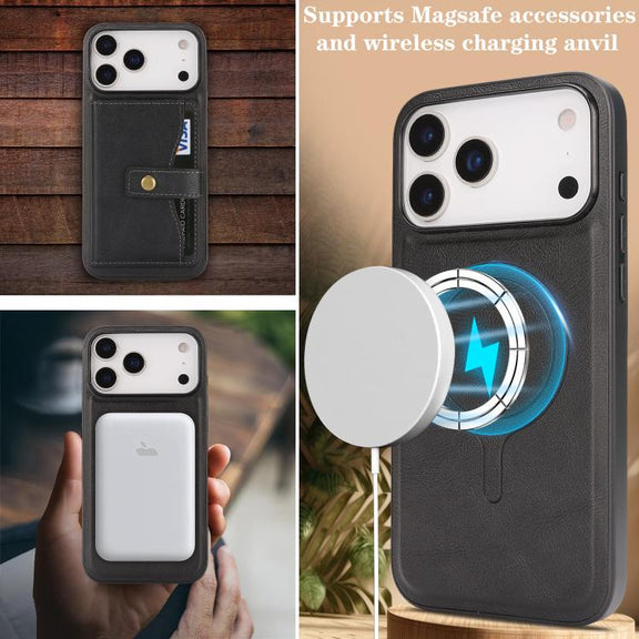 For iPhone 17 Pro Max Kalebol Magnetic Button Card Bag MagSafe Ring Leather Phone Case(Black)