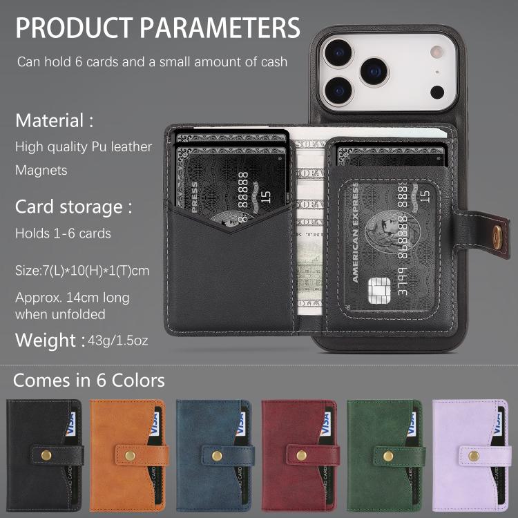 For iPhone 17 Pro Max Kalebol Magnetic Button Card Bag MagSafe Ring Leather Phone Case(Black)