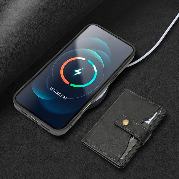 For iPhone 17 Pro Max Kalebol Magnetic Button Card Bag MagSafe Ring Leather Phone Case(Black)