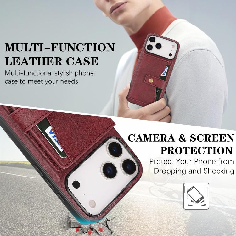 For iPhone 17 Pro Kalebol Magnetic Button Card Bag MagSafe Ring Leather Phone Case(Red)