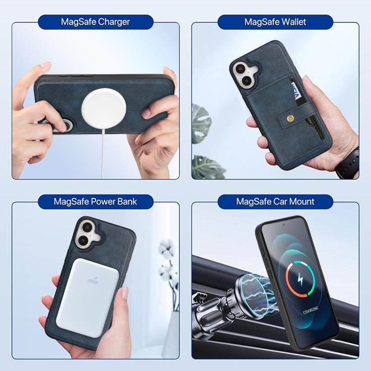 For iPhone 17 Kalebol Magnetic Button Card Bag MagSafe Ring Leather Phone Case(Blue)