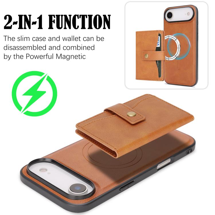 For iPhone 17 Air Kalebol Magnetic Button Card Bag MagSafe Ring Leather Phone Case(Brown)