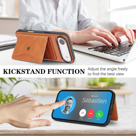 For iPhone 17 Air Kalebol Magnetic Button Card Bag MagSafe Ring Leather Phone Case(Brown)