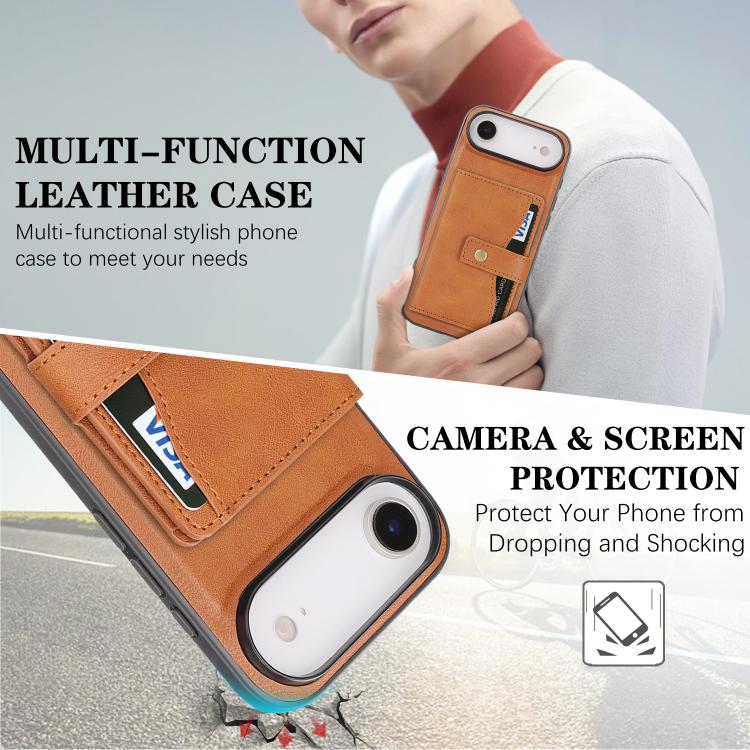 For iPhone 17 Air Kalebol Magnetic Button Card Bag MagSafe Ring Leather Phone Case(Brown)
