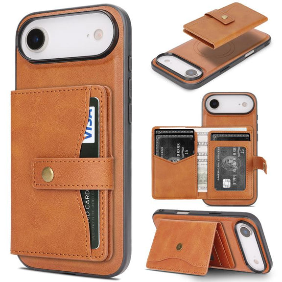 For iPhone 17 Air Kalebol Magnetic Button Card Bag MagSafe Ring Leather Phone Case(Brown)