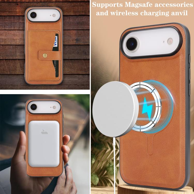 For iPhone 17 Air Kalebol Magnetic Button Card Bag MagSafe Ring Leather Phone Case(Brown)