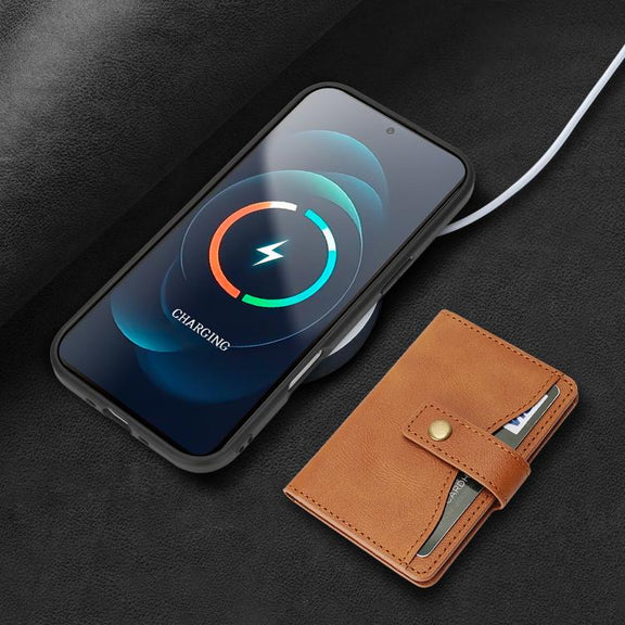 For iPhone 17 Air Kalebol Magnetic Button Card Bag MagSafe Ring Leather Phone Case(Brown)