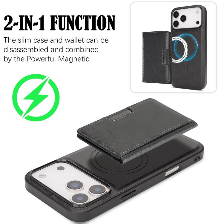 For iPhone 17 Pro Max Kalebol Strong MagSafe Magnetic Two-Fold Card Bag Leather Phone Case(Black)
