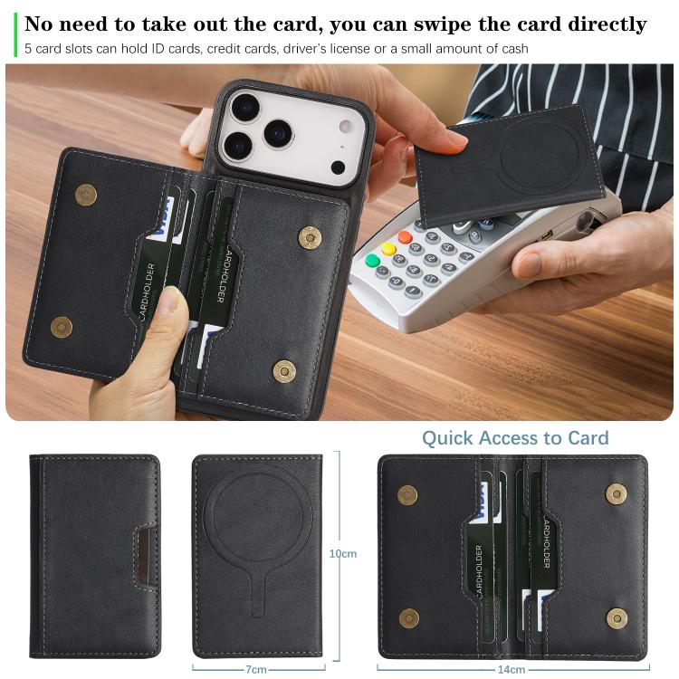 For iPhone 17 Pro Max Kalebol Strong MagSafe Magnetic Two-Fold Card Bag Leather Phone Case(Black)