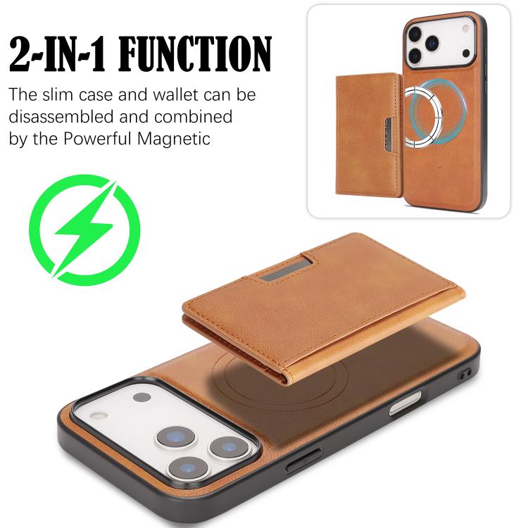 For iPhone 17 Pro Kalebol Strong MagSafe Magnetic Two-Fold Card Bag Leather Phone Case(Brown)