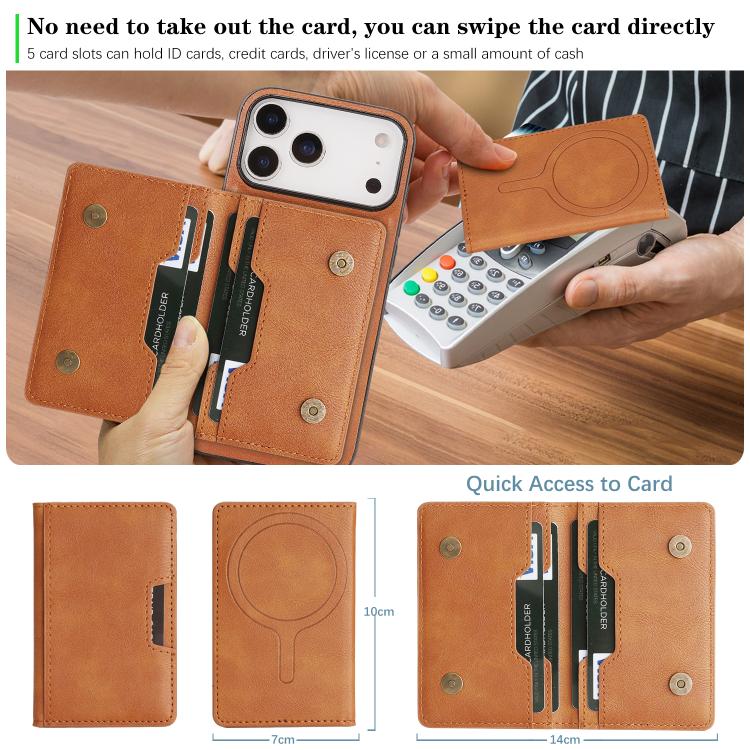 For iPhone 17 Pro Kalebol Strong MagSafe Magnetic Two-Fold Card Bag Leather Phone Case(Brown)