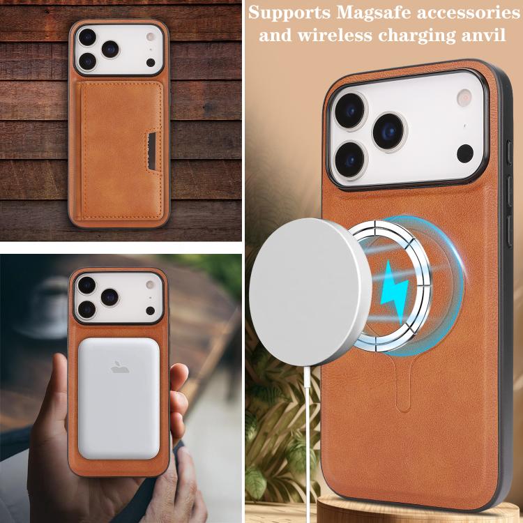 For iPhone 17 Pro Kalebol Strong MagSafe Magnetic Two-Fold Card Bag Leather Phone Case(Brown)