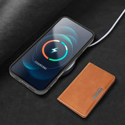 For iPhone 17 Pro Kalebol Strong MagSafe Magnetic Two-Fold Card Bag Leather Phone Case(Brown)