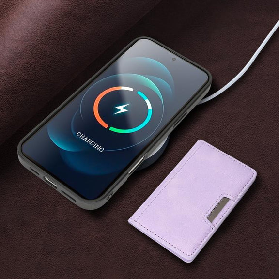 For iPhone 17 Kalebol Strong MagSafe Magnetic Two-Fold Card Bag Leather Phone Case(Purple)
