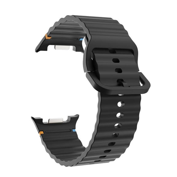 For Samsung Galaxy Watch8 40mm Rhombic Texture Bezel and Wavy Grain Stitched Color Buckle Silicone Watch Band(Black Silver)