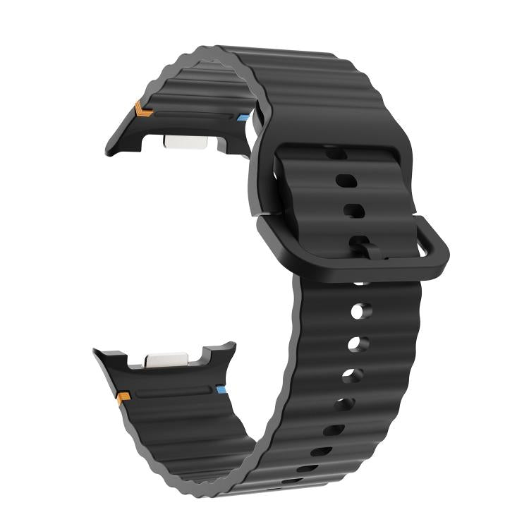 For Samsung Galaxy Watch8 40mm Rhombic Texture Bezel and Wavy Grain Stitched Color Buckle Silicone Watch Band(Black Silver)