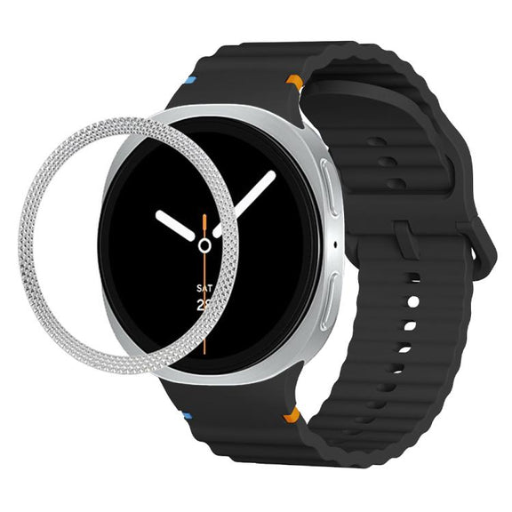 For Samsung Galaxy Watch8 40mm Rhombic Texture Bezel and Wavy Grain Stitched Color Buckle Silicone Watch Band(Black Silver)