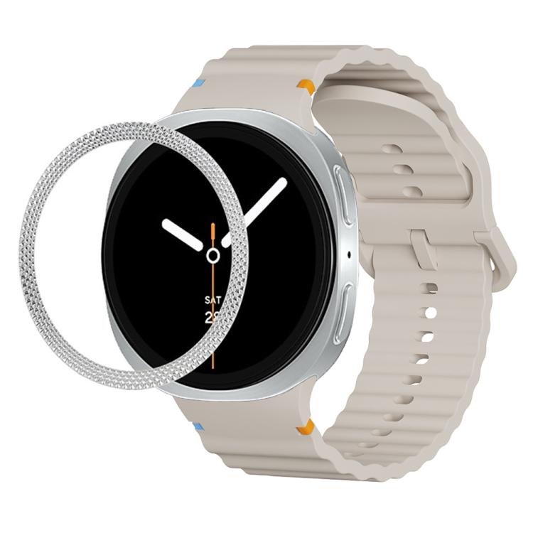 For Samsung Galaxy Watch8 44mm Rhombic Texture Bezel and Wavy Grain Stitched Color Buckle Silicone Watch Band(Starlight Silver)