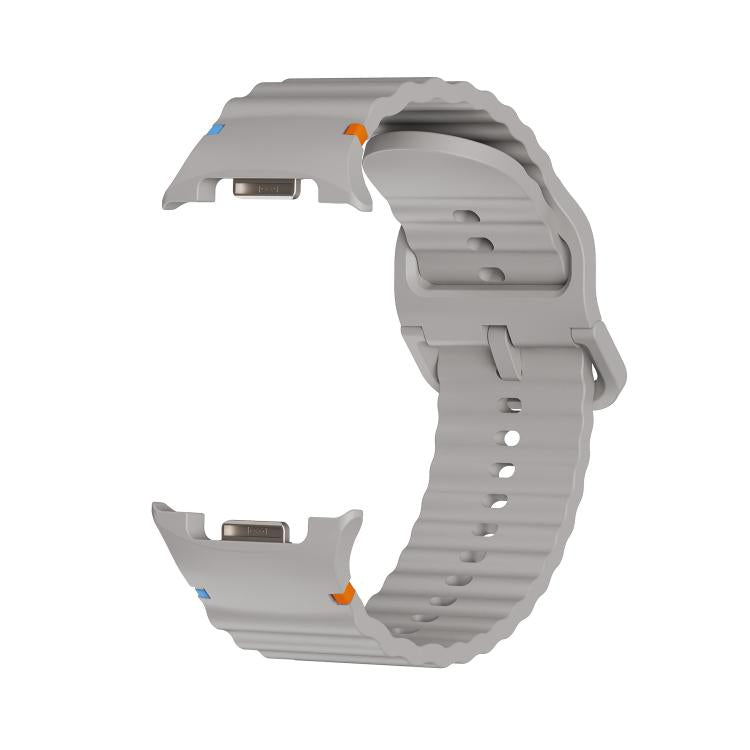 For Samsung Galaxy Watch8 44mm Rhombic Texture Bezel and Wavy Grain Stitched Color Buckle Silicone Watch Band(Gray Silver)
