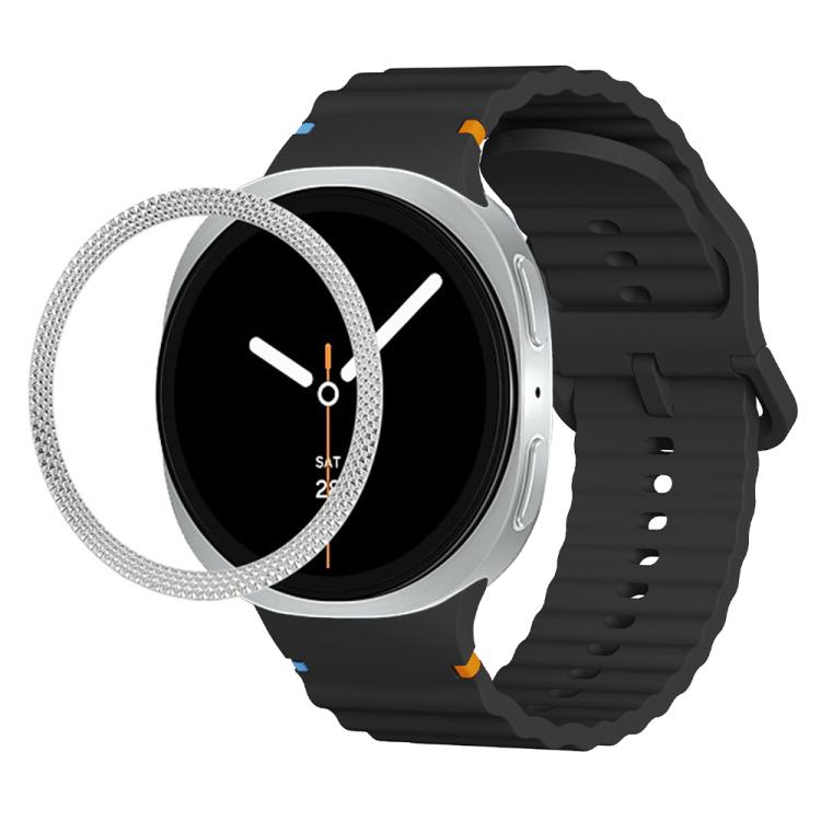 For Samsung Galaxy Watch8 44mm Rhombic Texture Bezel and Wavy Grain Stitched Color Buckle Silicone Watch Band(Black Silver)