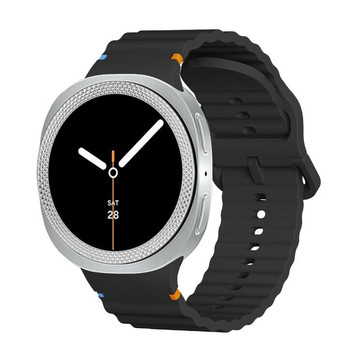 For Samsung Galaxy Watch8 44mm Rhombic Texture Bezel and Wavy Grain Stitched Color Buckle Silicone Watch Band(Black Silver)