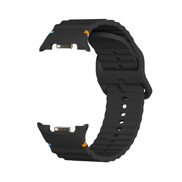 For Samsung Galaxy Watch8 44mm Rhombic Texture Bezel and Wavy Grain Stitched Color Buckle Silicone Watch Band(Black Silver)