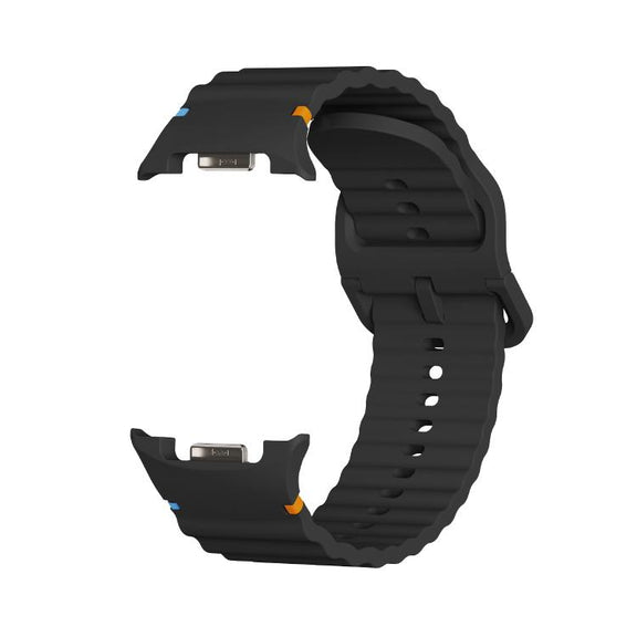 For Samsung Galaxy Watch8 44mm Rhombic Texture Bezel and Wavy Grain Stitched Color Buckle Silicone Watch Band(Black Silver)