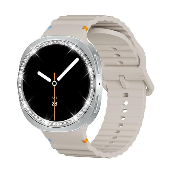 For Samsung Galaxy Watch8 44mm Diamond Bezel and Wavy Grain Stitched Color Buckle Silicone Watch Band(Starlight Silver)