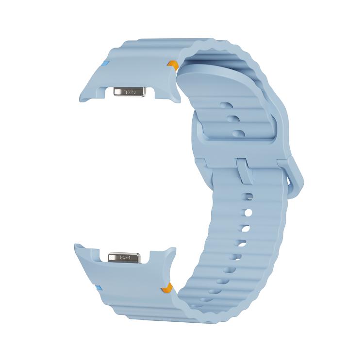 For Samsung Galaxy Watch8 44mm Diamond Bezel and Wavy Grain Stitched Color Buckle Silicone Watch Band(Light Blue Silver)