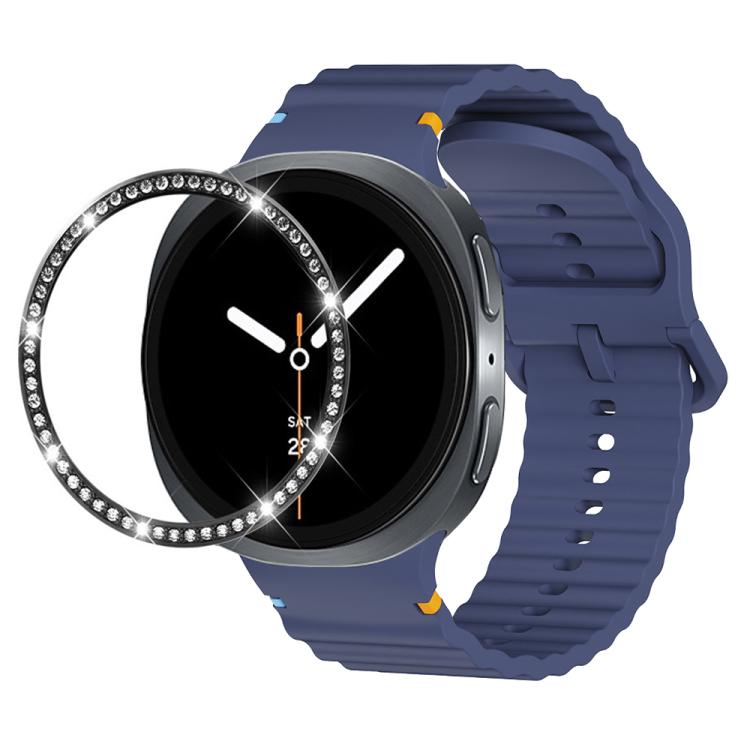 For Samsung Galaxy Watch8 44mm Diamond Bezel and Wavy Grain Stitched Color Buckle Silicone Watch Band(Midnight Blue Black)