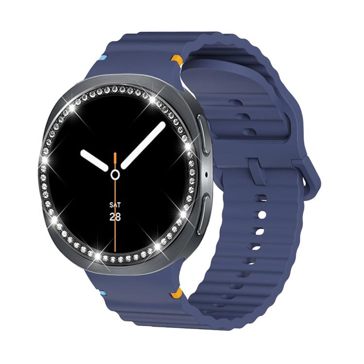 For Samsung Galaxy Watch8 44mm Diamond Bezel and Wavy Grain Stitched Color Buckle Silicone Watch Band(Midnight Blue Black)