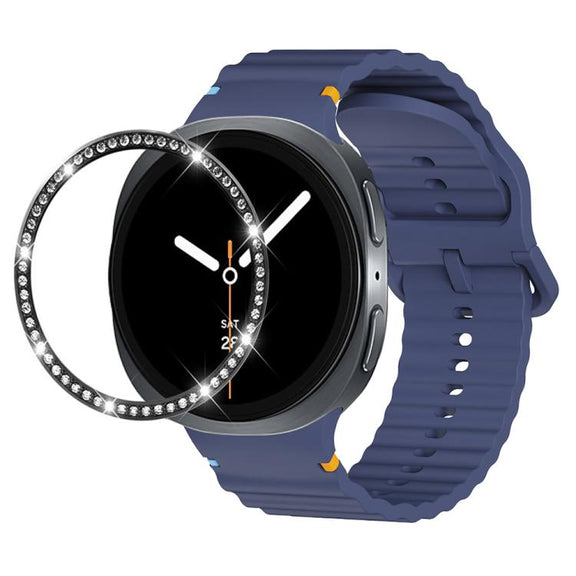 For Samsung Galaxy Watch8 44mm Diamond Bezel and Wavy Grain Stitched Color Buckle Silicone Watch Band(Midnight Blue Black)