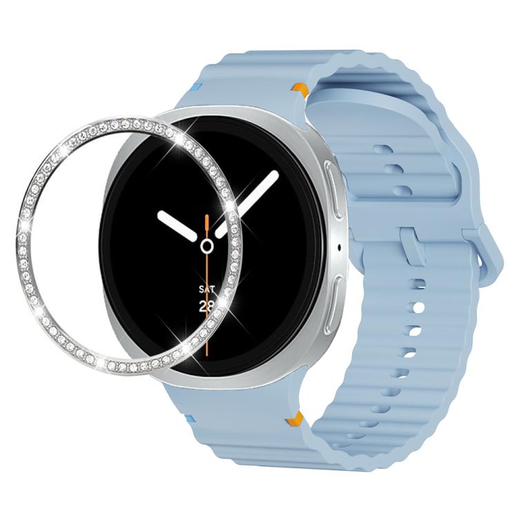 For Samsung Galaxy Watch8 40mm Diamond Bezel and Wavy Grain Stitched Color Buckle Silicone Watch Band(Light Blue Silver)
