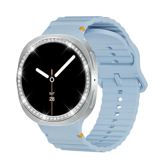 For Samsung Galaxy Watch8 40mm Diamond Bezel and Wavy Grain Stitched Color Buckle Silicone Watch Band(Light Blue Silver)
