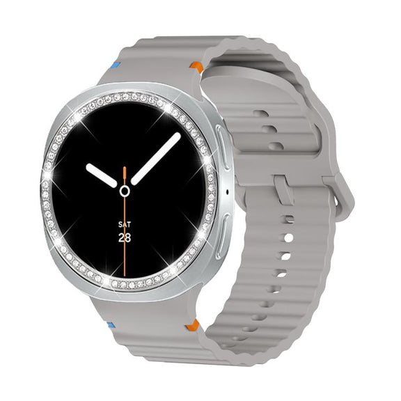 For Samsung Galaxy Watch8 40mm Diamond Bezel and Wavy Grain Stitched Color Buckle Silicone Watch Band(Gray Silver)