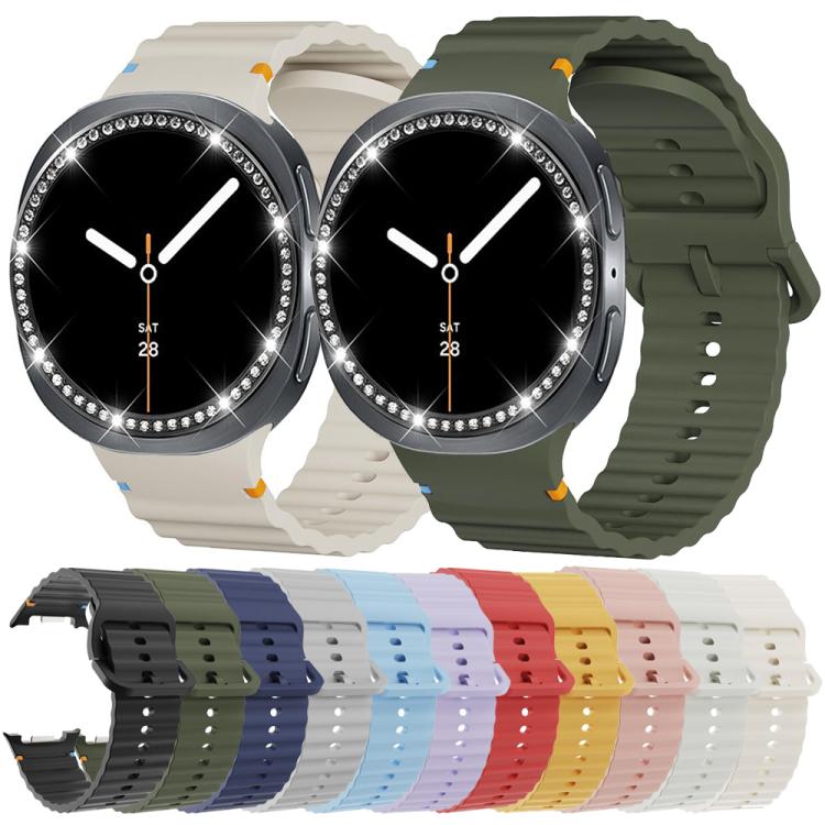 For Samsung Galaxy Watch8 44mm Diamond Bezel and Wavy Grain Stitched Color Buckle Silicone Watch Band(Light Blue Silver)