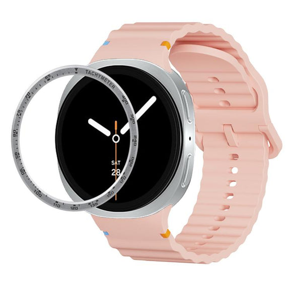 For Samsung Galaxy Watch8 44mm Speed Bezel and Wavy Grain Stitched Color Buckle Silicone Watch Band(Pink Silver)