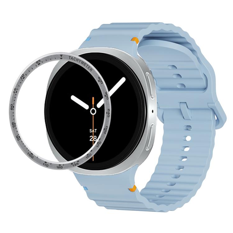 For Samsung Galaxy Watch8 44mm Speed Bezel and Wavy Grain Stitched Color Buckle Silicone Watch Band(Light Blue Silver)