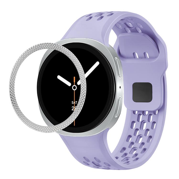 For Samsung Galaxy Watch8 44mm Rhombic Texture Bezel and Black Reverse Buckle Silicone Watch Band(Purple Silver)