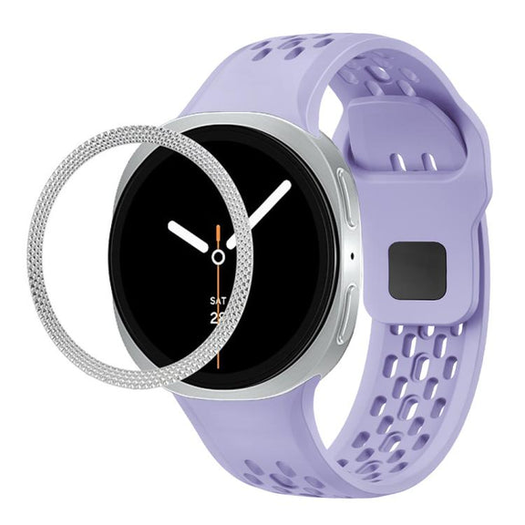 For Samsung Galaxy Watch8 44mm Rhombic Texture Bezel and Black Reverse Buckle Silicone Watch Band(Purple Silver)