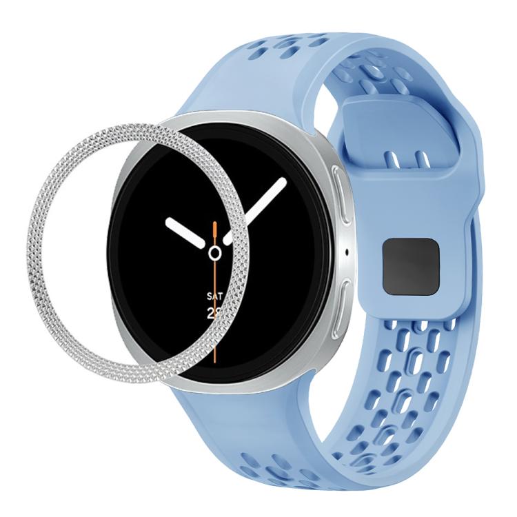 For Samsung Galaxy Watch8 44mm Rhombic Texture Bezel and Black Reverse Buckle Silicone Watch Band(Light Blue Silver)