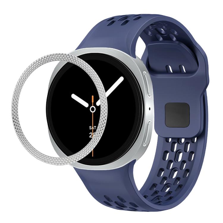 For Samsung Galaxy Watch8 44mm Rhombic Texture Bezel and Black Reverse Buckle Silicone Watch Band(Midnight Blue Silver)