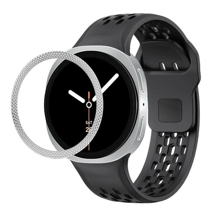 For Samsung Galaxy Watch8 44mm Rhombic Texture Bezel and Black Reverse Buckle Silicone Watch Band(Black Silver)