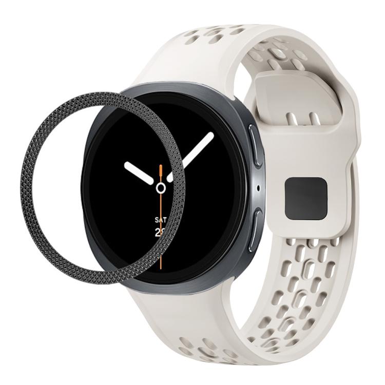 For Samsung Galaxy Watch8 44mm Rhombic Texture Bezel and Black Reverse Buckle Silicone Watch Band(Beige Black)