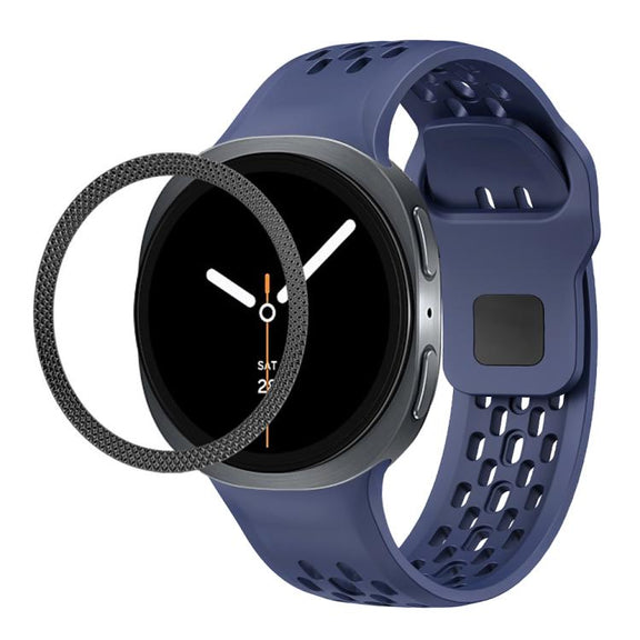 For Samsung Galaxy Watch8 44mm Rhombic Texture Bezel and Black Reverse Buckle Silicone Watch Band(Midnight Blue Black)