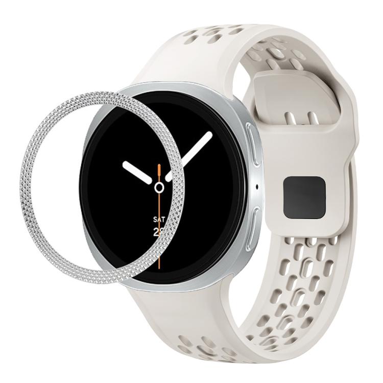 For Samsung Galaxy Watch8 40mm Rhombic Texture Bezel and Black Reverse Buckle Silicone Watch Band(Beige Silver)